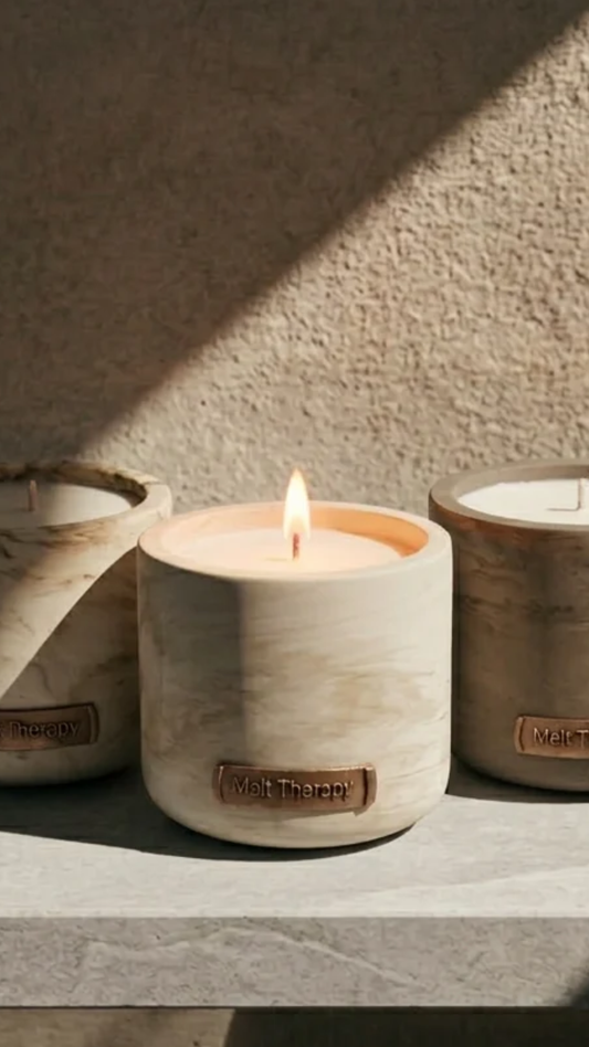 CÍUNAS luxury scented candle in stone vessel – Tonka Bean, Eucalyptus & Citrus | Melt Therapy