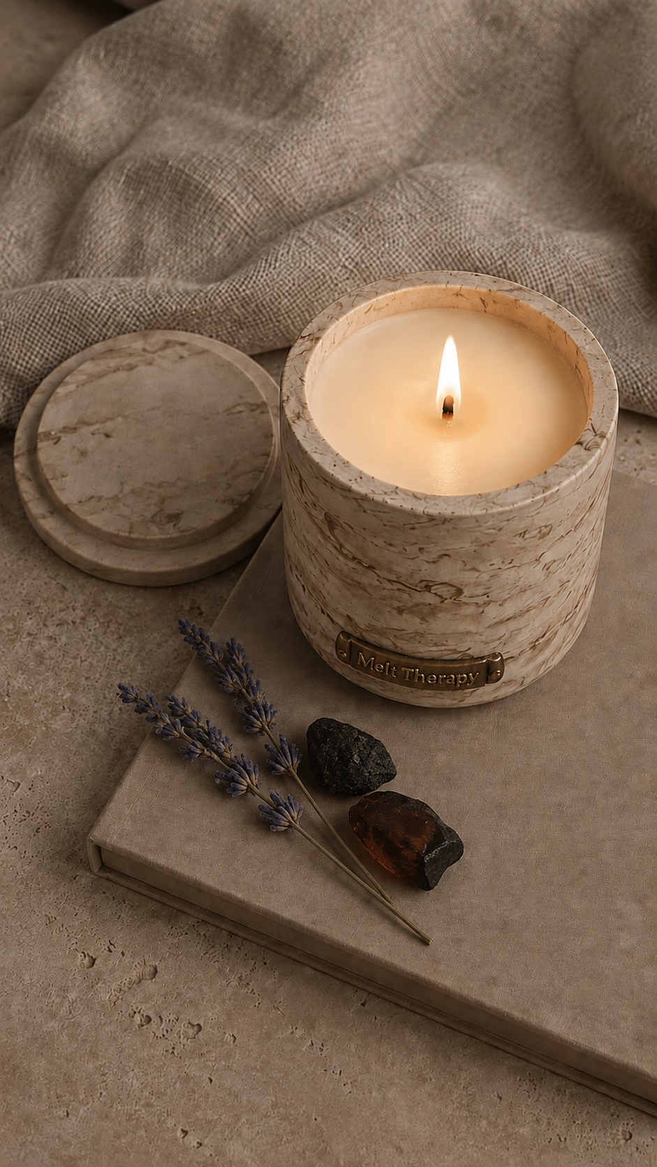 FÁILTE luxury scented candle in stone vessel – Black Amber & Lavender | Melt Therapy